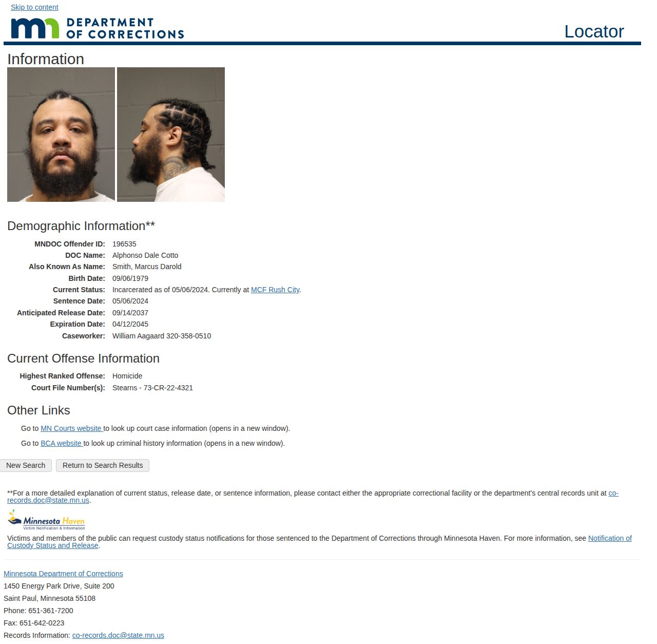 Minnesota DOC anticipated release date fields used for Norman County release date lookup